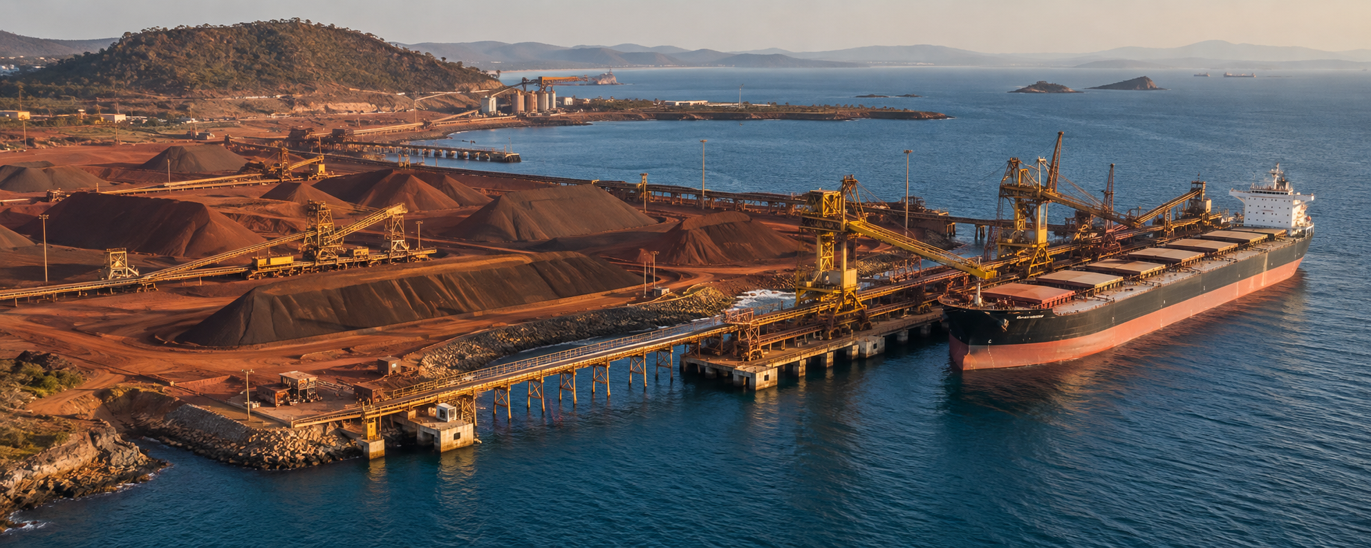 Illustrative aerial view of a coastal bulk cargo terminal